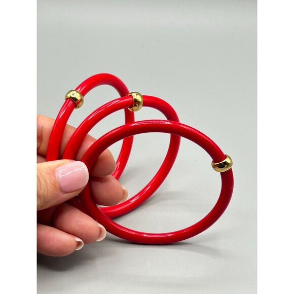 Vintage Red Plastic Bangles Set of 3 with Gold Accents Stack Bangles Collection - Picture 4 of 6
